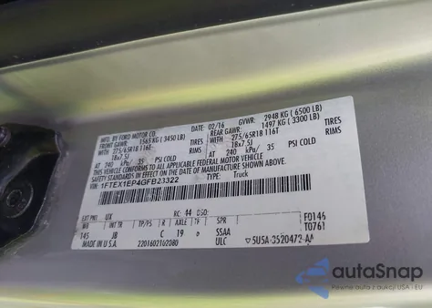 2016 Ford F-150 Xlt z USA, uszkodzony, nr VIN 1FTEX1EP4GFB23322